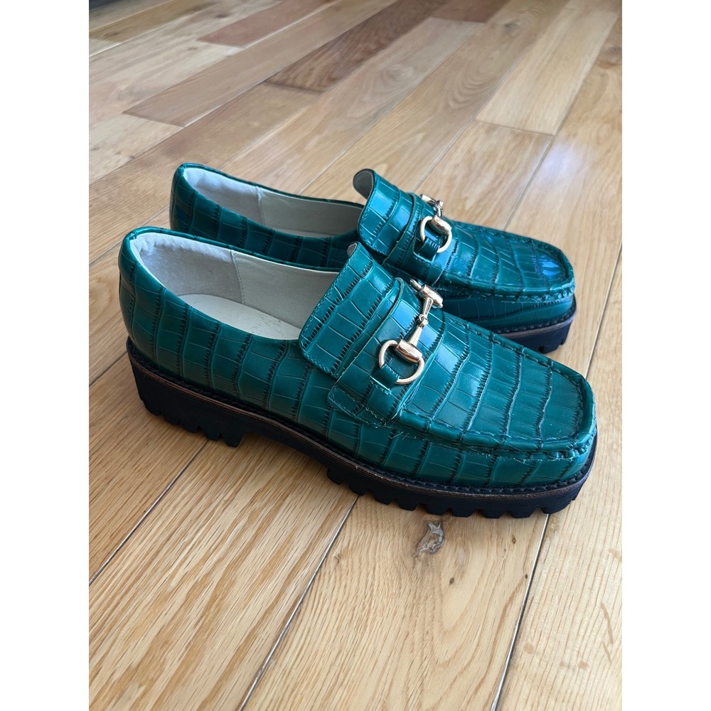 Intentionally Blank HK-2 Croc Leather Loafer Square Toe Lug Sole Green Womens 7